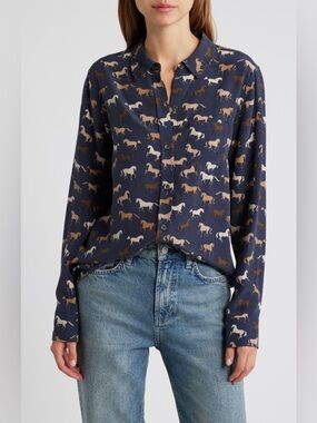 Rails Kate Horse Print Silk Button-Up Shirt